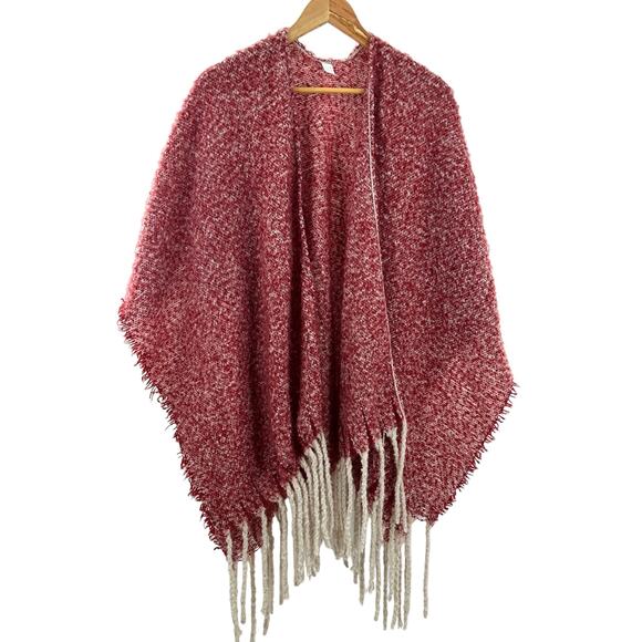Just Be Shawl Poncho Red Knit Fringe Hem‎ Soft Cozy One Size - Picture 1 of 9